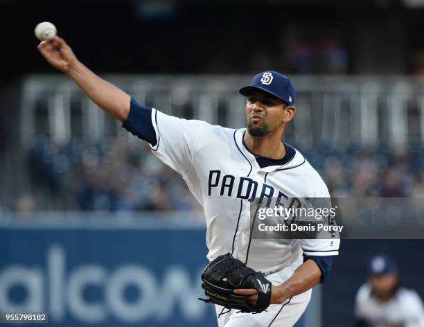 Tyson Ross of the San Diego Padres pitches during the first inning of a baseball game against the Washington Nationals at PETCO Park on May 7, 2018...