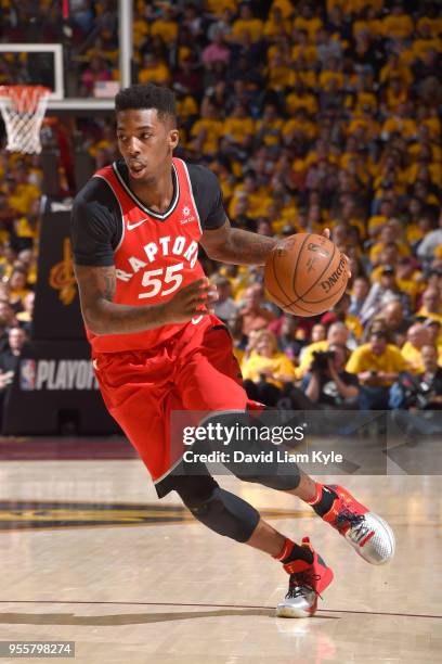 Delon Wright of the Toronto Raptors handles the ball against the Cleveland Cavaliers in Game Four of the Eastern Conference Semifinals during the...