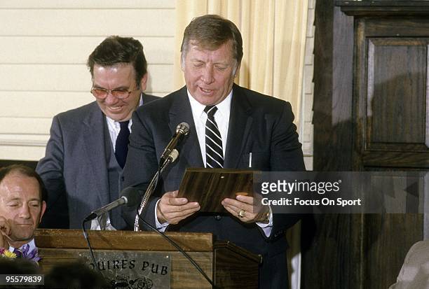Ex Major League Baseball player Mickey Mantle receiving an award circa 1980's. Mantle played for the Yankees from 1951-68.
