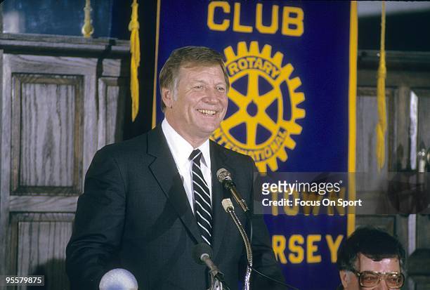 Atlantic, NJ - CIRCA 1980's: Outfielder Mickey Mantle formally of the New York Yankees speeks at the Rotary Club in East Rutherford, New Jersey circa...