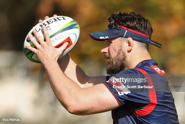 Nathan Charles of the Rebels throws the ball into a lineout during a Melbourne Rebels Super Rugby training session at Gosch's Paddock on May 8, 2018...