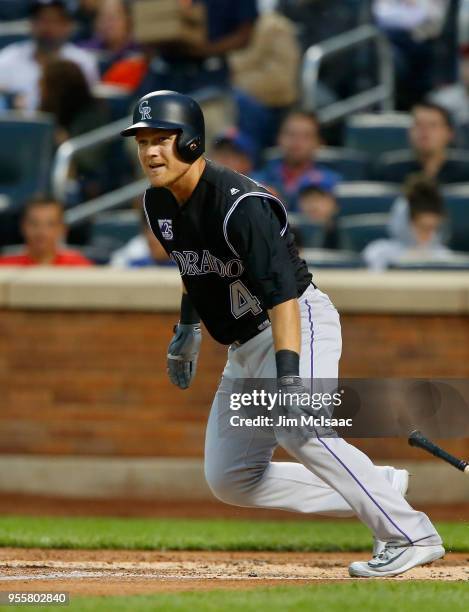 Pat Valaika of the Colorado Rockies in action against the New York Mets at Citi Field on May 5, 2018 in the Flushing neighborhood of the Queens...