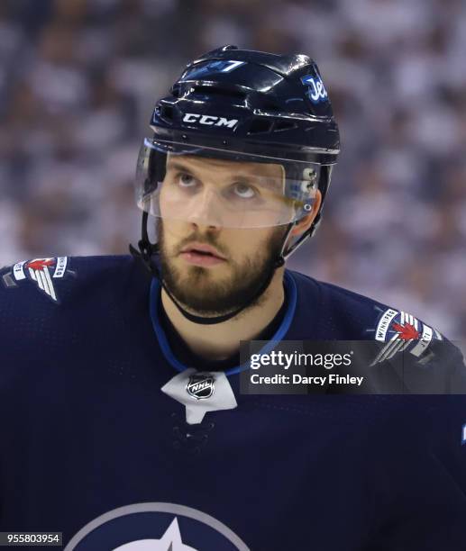 Ben Chiarot of the Winnipeg Jets looks on during first period action against the Nashville Predators in Game Six of the Western Conference Second...