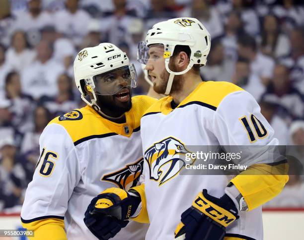 Subban of the Nashville Predators has words with teammate Colton Sissons during a first period stoppage in play against the Winnipeg Jets in Game Six...