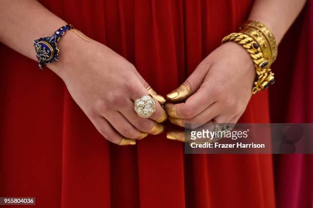 Katherine Langford, fashion detail, attends the Heavenly Bodies: Fashion & The Catholic Imagination Costume Institute Gala at The Metropolitan Museum...