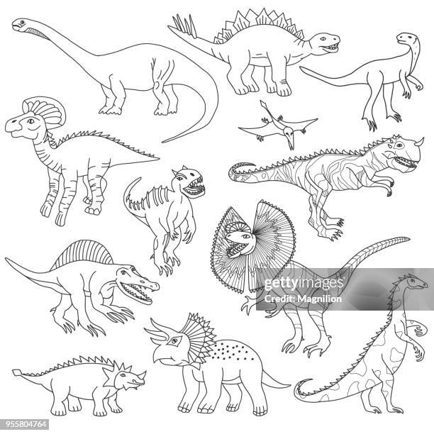 ilustraciones, imágenes clip art, dibujos animados e iconos de stock de los dinosaurios vector doodles - triceratops