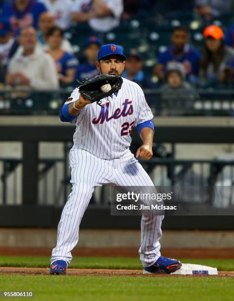 Adrian Gonzalez of the New York Mets in action against the Colorado Rockies at Citi Field on May 5, 2018 in the Flushing neighborhood of the Queens...