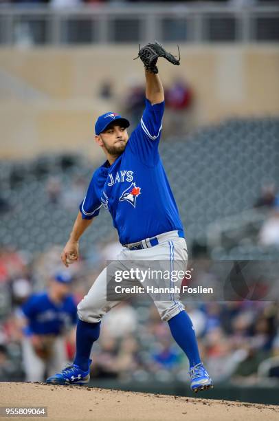 Marco Estrada of the Toronto Blue Jays delivers a pitch against the Minnesota Twins during the game on May 1, 2018 at Target Field in Minneapolis,...