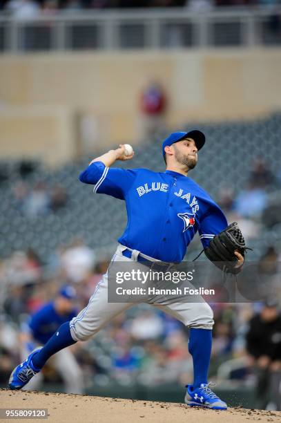 Marco Estrada of the Toronto Blue Jays delivers a pitch against the Minnesota Twins during the game on May 1, 2018 at Target Field in Minneapolis,...