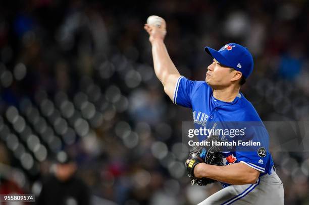 Seung Hwan Oh of the Toronto Blue Jays delivers a pitch against the Minnesota Twins during the game on May 1, 2018 at Target Field in Minneapolis,...