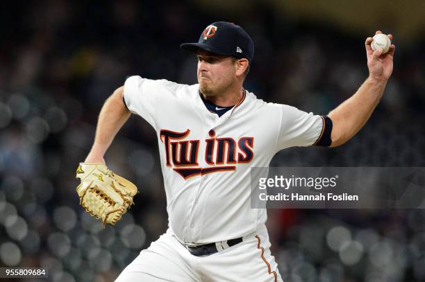 Zach Duke of the Minnesota Twins delivers a pitch against the Toronto Blue Jays during the game on May 1, 2018 at Target Field in Minneapolis,...