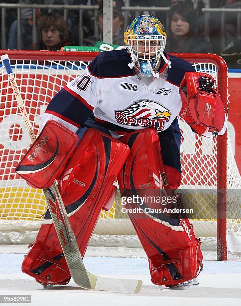 Edward Pasquale of the Saginaw Spirit watches the play in a game against the London Knights on January 3, 2010 at the John Labatt Centre in London,...