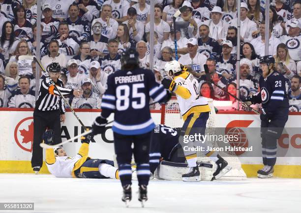 Filip Forsberg of the Nashville Predators celebrates his goal against the Winnipeg Jets in Game Six of the Western Conference Second Round during the...