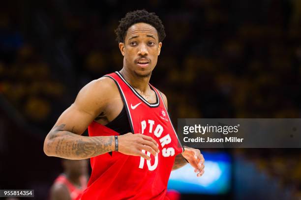 DeMar DeRozan of the Toronto Raptors reacts during the second half of Game 4 of the second round of the Eastern Conference playoffs against the...