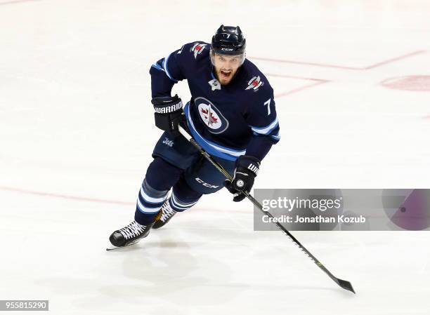 Ben Chiarot of the Winnipeg Jets follows the play up the ice during second period action against the Nashville Predators in Game Six of the Western...