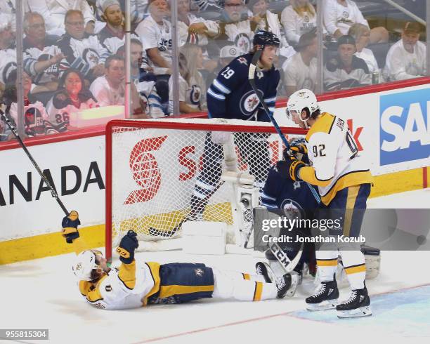 Filip Forsberg and Ryan Johansen of the Nashville Predators celebrate a second period goal against the Winnipeg Jets in Game Six of the Western...