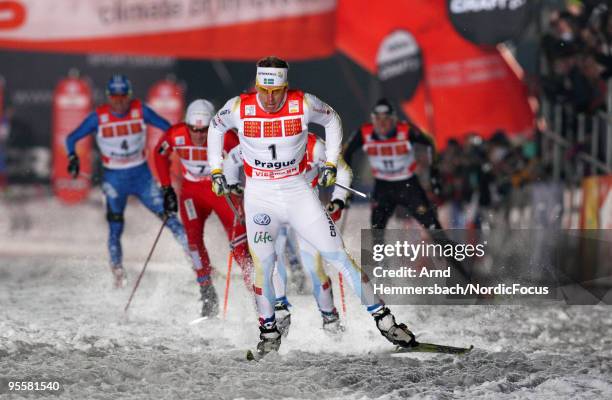 Today's winner Emil Joensson of Sweden controls his competitors during the individual sprint men for the FIS Cross Country World Cup Tour de Ski on...