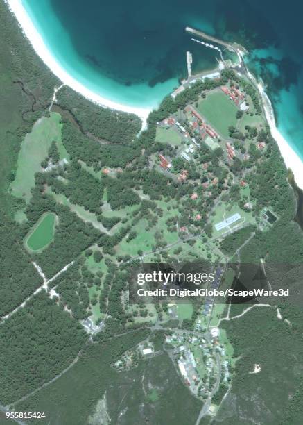 Closeup DigitalGlobe via Getty Images satellite image of HMAS Creswell, a Royal Australian Naval Base on the shores of Jervis Bay in Australia.