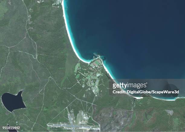 An overview DigitalGlobe via Getty Images satellite image of HMAS Creswell, a Royal Australian Naval Base on the shores of Jervis Bay in Australia.