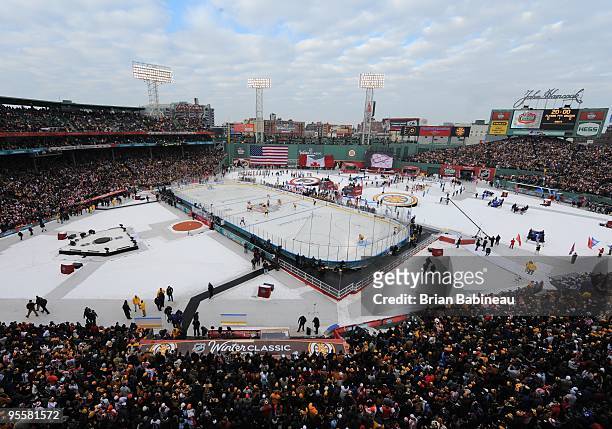 General view of the opening faceoff as the Boston Bruins play against the Philadelphia Flyers in the 2010 Bridgestone Winter Classic at Fenway Park...