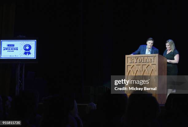 Songwriters Courtney Crist and Frank Liddell speak onstage during the 3rd Annual AIMP Awards at Ryman Auditorium on May 7, 2018 in Nashville,...