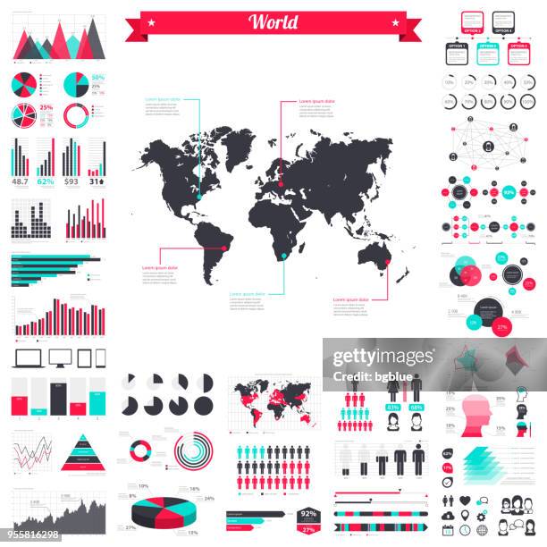 weltkarte mit infografik elemente - große kreativ-grafik-set - infografik stock-grafiken, -clipart, -cartoons und -symbole
