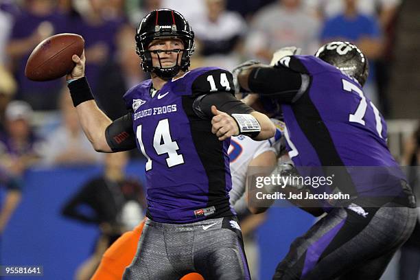 Quarterback Andy Dalton of the TCU Horned Frogs passes the ball in the first quarter against the Boise State Broncos during the Tostitos Fiesta Bowl...
