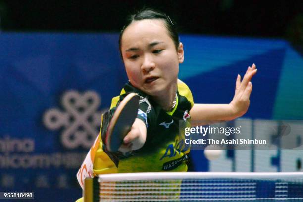 Mima Ito of Japan competes against Liu Shiwen of China in the Women's final on day seven of the World Team Table Tennis Championships at Halmstad...