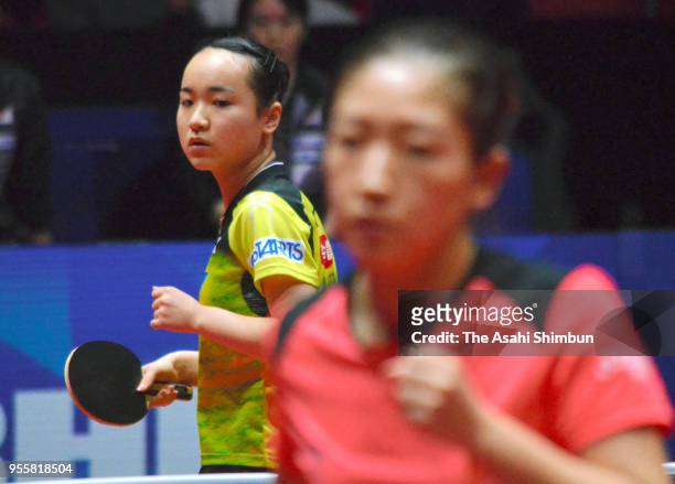 Mima Ito of Japan competes against Liu Shiwen of China in the Women's final on day seven of the World Team Table Tennis Championships at Halmstad...