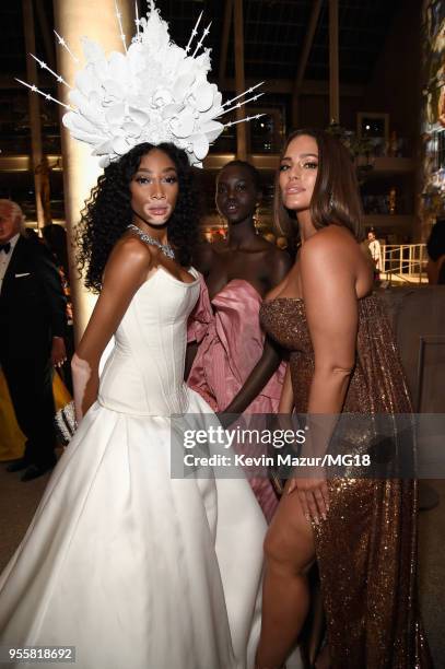 Winnie Harlow, Alek Wek and Ashley Graham attend the Heavenly Bodies: Fashion & The Catholic Imagination Costume Institute Gala at The Metropolitan...