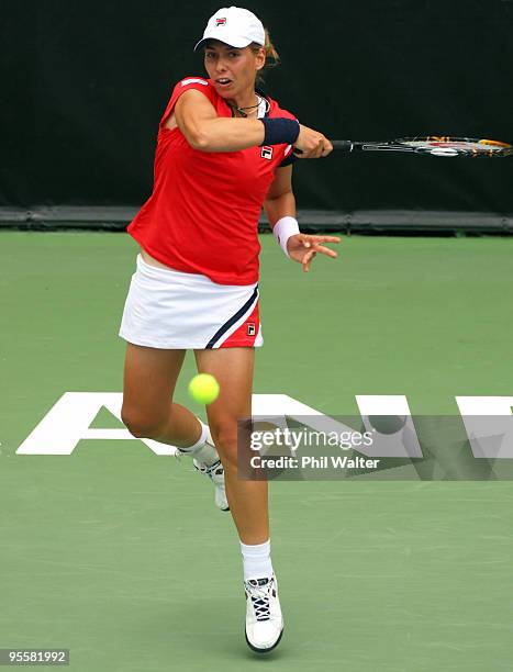 Marina Erakovic of New Zealand plays a forehand in her first round match against Alize Cornet of France during day two of the ASB Classic at the ASB...