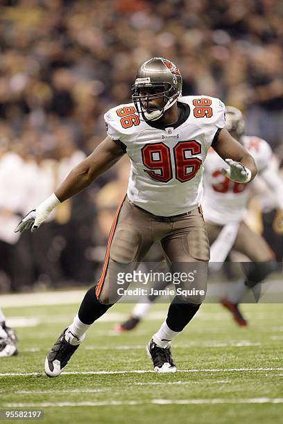 Tim Crowder of the Tampa Bay Buccaneers moves on the field during the game against the New Orleans Saints at the Louisiana Superdome on December 27,...