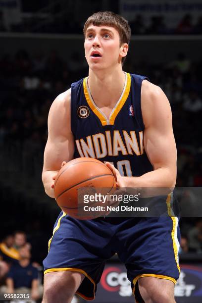 Tyler Hansbrough of the Indiana Pacers shoots a free throw against the Washington Wizards during the game on December 12, 2009 at the Verizon Center...
