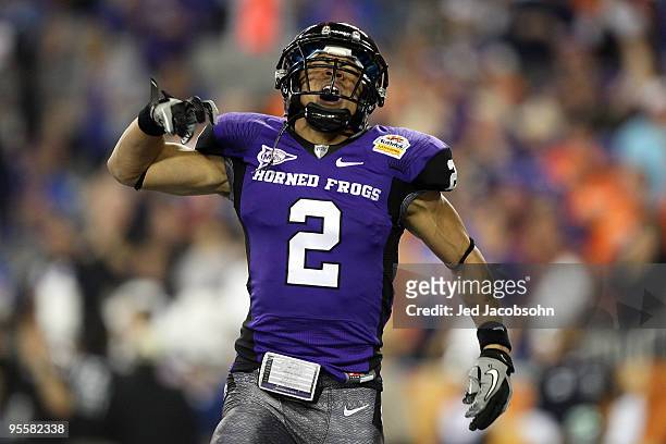 Wide receiver Curtis Clay of the TCU Horned Frogs reacts after scoring on a 30-yard touchdown reception in the second quarter against the Boise State...