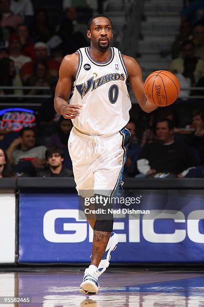 Gilbert Arenas of the Washington Wizards brings the ball upcourt against the Indiana Pacers during the game on December 12, 2009 at the Verizon...