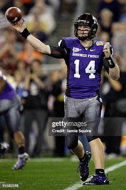 Quarterback Andy Dalton of the TCU Horned Frogs passes the ball in the first half against the Boise State Broncos during the Tostitos Fiesta Bowl at...