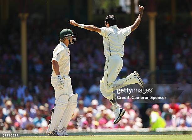 Umar Gul of Pakistan celebrates dismissing Shane Watson of Australia for 97 runs during day three of the Second Test match between Australia and...