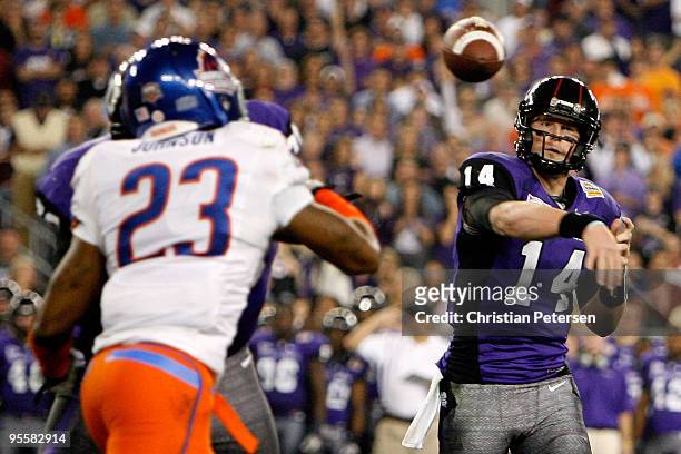 Quarterback Andy Dalton of the TCU Horned Frogs passes the ball in the second half against the Boise State Broncos during the Tostitos Fiesta Bowl at...