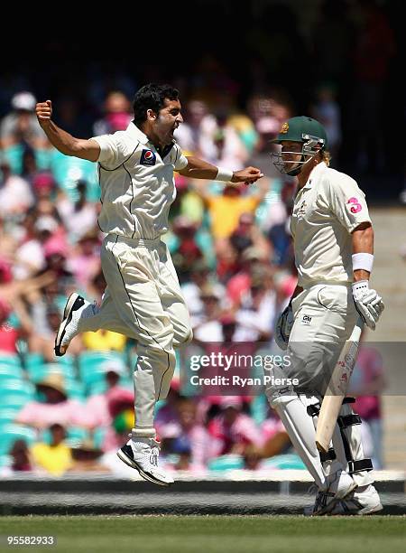 Umar Gul of Pakistan celebrates after claiming the wicket of Shane Watson of Australia for 97 runs during day three of the Second Test match between...