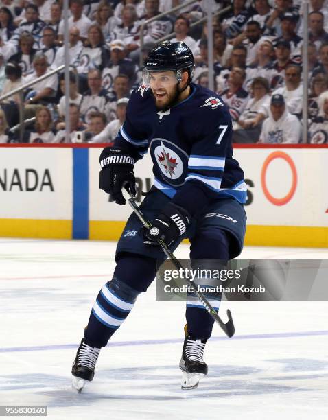 Ben Chiarot of the Winnipeg Jets keeps an eye on the play during third period action against the Nashville Predators in Game Six of the Western...