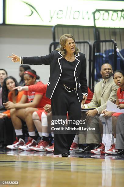 Vivian Stringer, head coach of Rutgers Scarlet Knights, argues a call during a women's college basketball game against the George Washington...