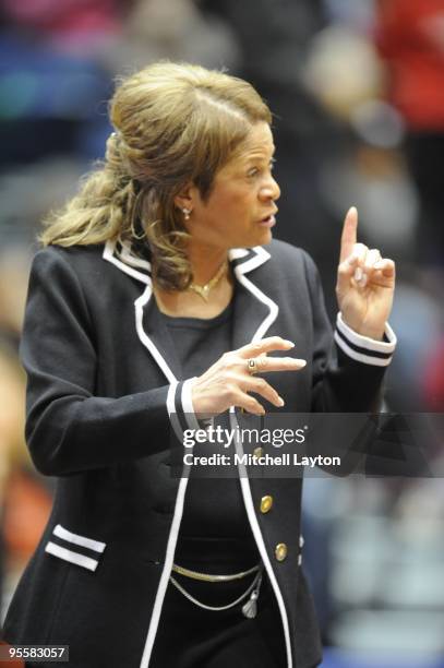 Vivian Stringer, head coach of Rutgers Scarlet Knights, looks on during a women's college basketball game against the George Washington Colonials on...