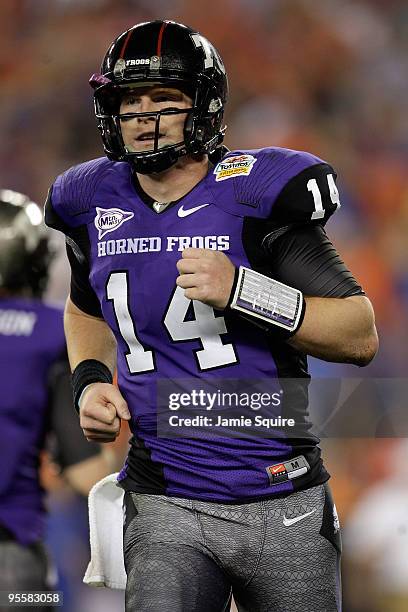 Quarterback Andy Dalton of the TCU Horned Frogs reacts in the second half against the Boise State Broncos during the Tostitos Fiesta Bowl at the...