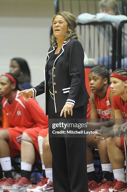 Vivian Stringer, head coach of Rutgers Scarlet Knights, looks on during a women's college basketball game against the George Washington Colonials on...