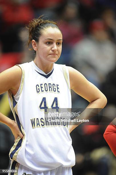 Sarah Mostafa of the George Washington Colonials looks on during a women's college basketball game against the Rutgers Scarlet Knight on December 30,...