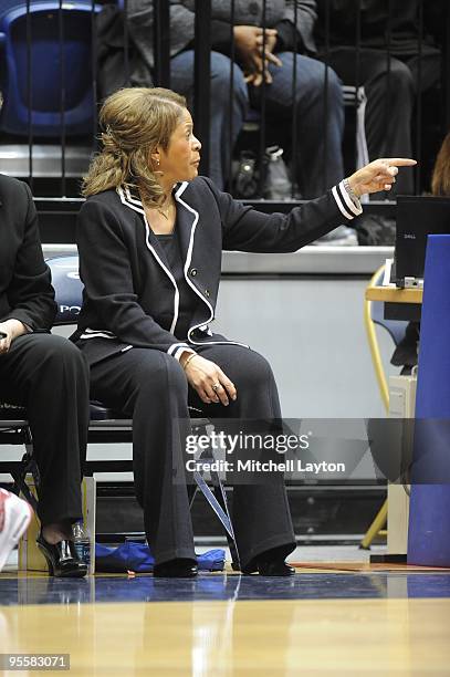 Vivian Stringer, head coach of Rutgers Scarlet Knights, looks on during a women's college basketball game against the George Washington Colonials on...