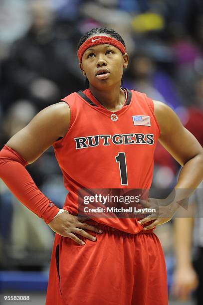 Khadijah Rushdan of the Rutgers Scarlet Knights looks on during a women's college basketball game against the George Washington Colonials on December...