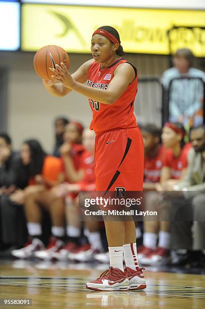 Brittany Ray of the Rutgers Scarlet Knights makes a pass during a women's college basketball game against the George Washington Colonials on December...