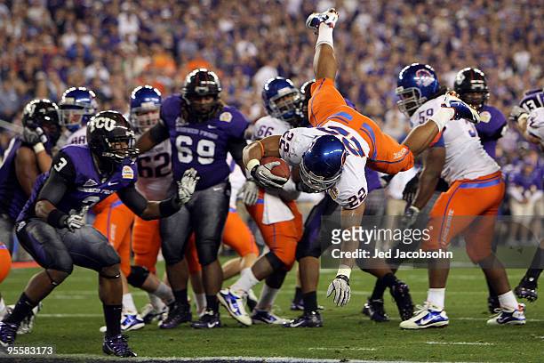 Doug Martin of the Boise State Broncos scores on a two-yard touchdown run in the fourth quarter against the TCU Horned Frogs during the Tostitos...