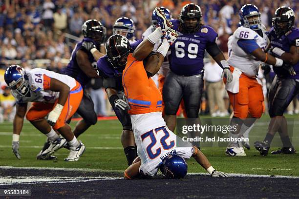 Doug Martin of the Boise State Broncos scores on a two-yard touchdown run in the fourth quarter against the TCU Horned Frogs during the Tostitos...